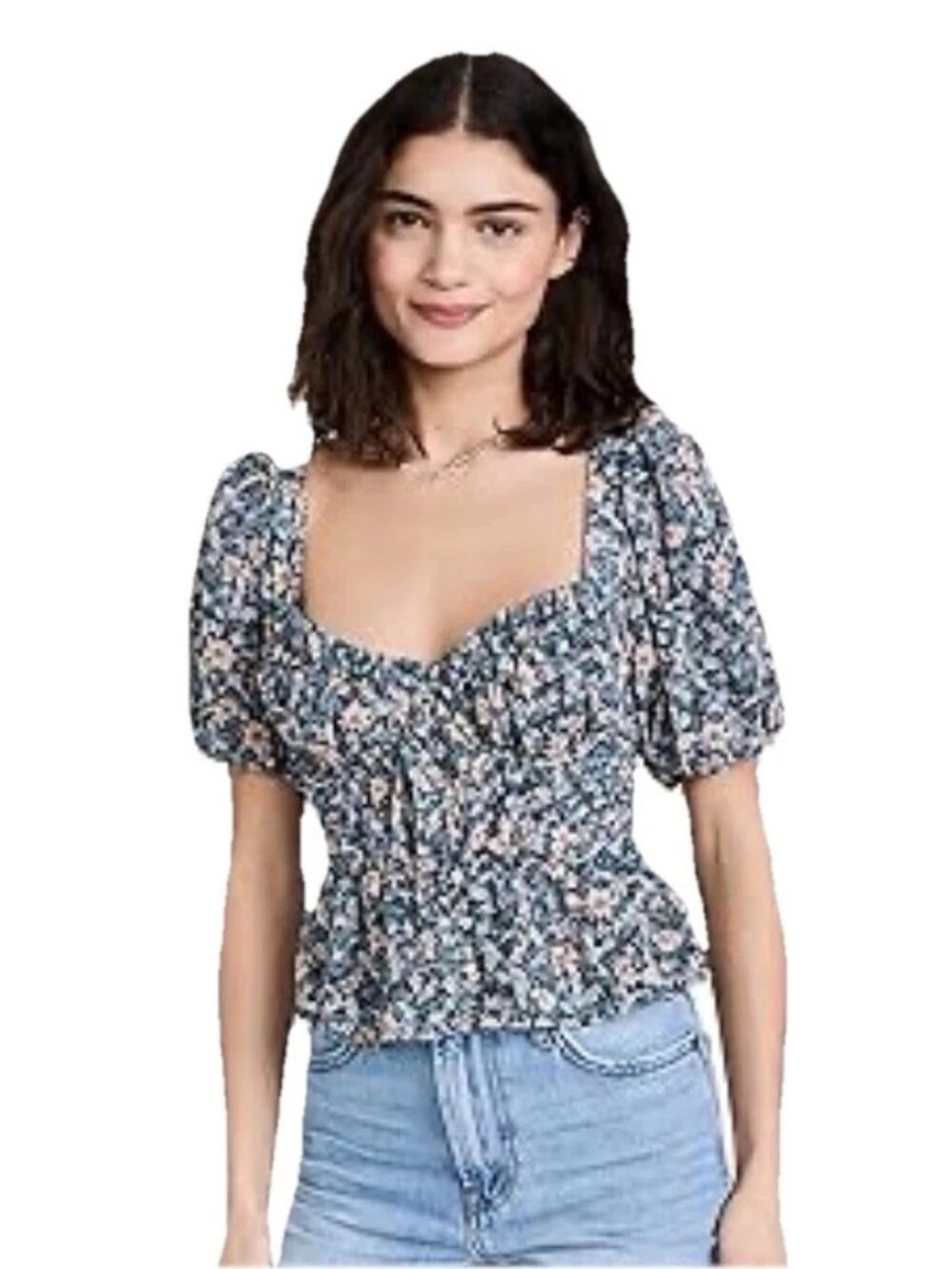 ASTR THE LABEL Lt. Blue Floral Clairemont Puff Sleeve Smocked Cropped Shirt Sz M